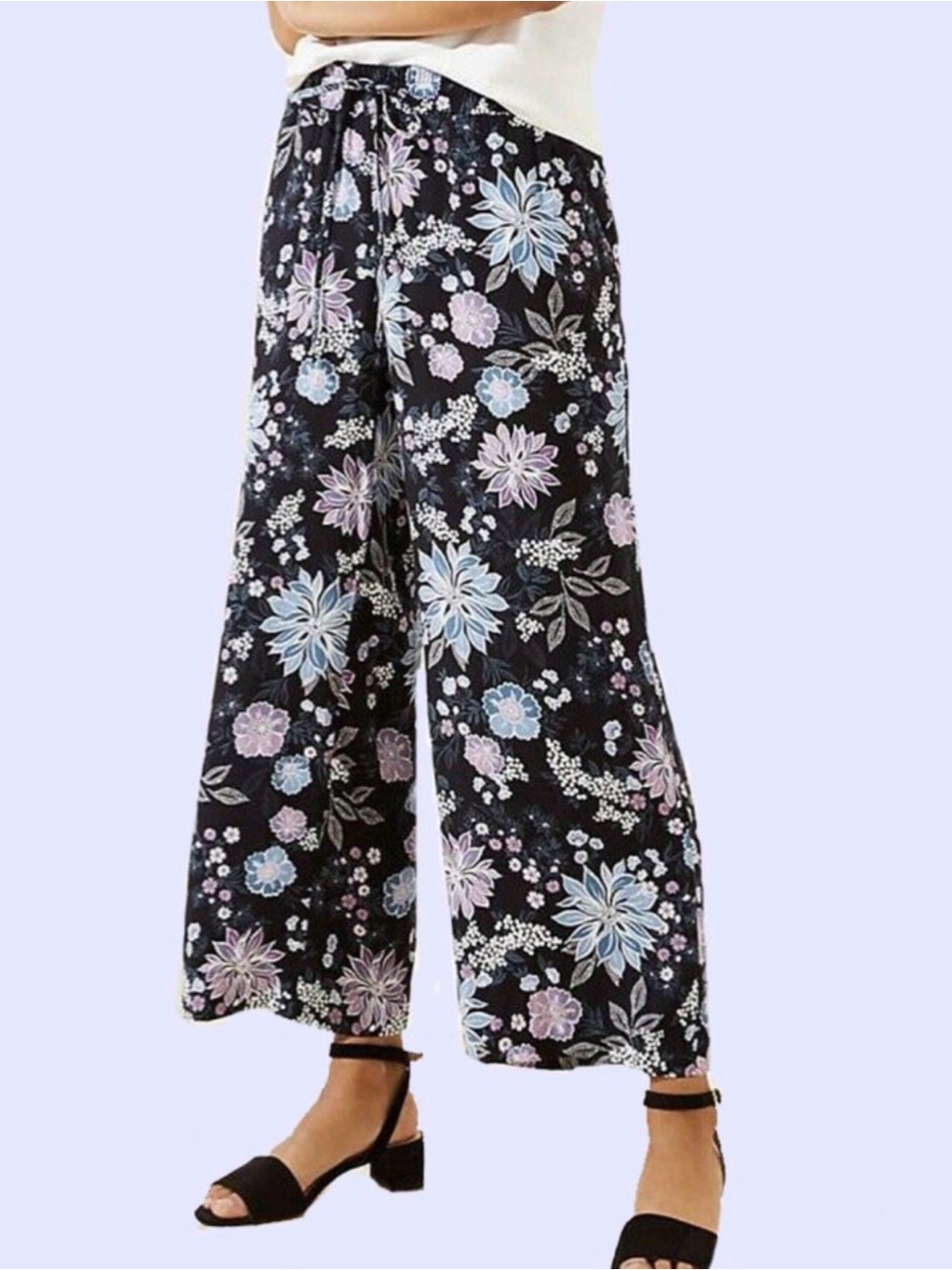 LOFT Women's Floral Cropped Relaxed Fit Drawstring Elastic Waist Pants - Medium